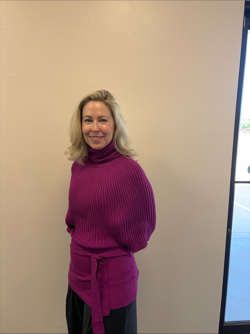 Ribbed Magenta Turtleneck Sweater with Tie Waist